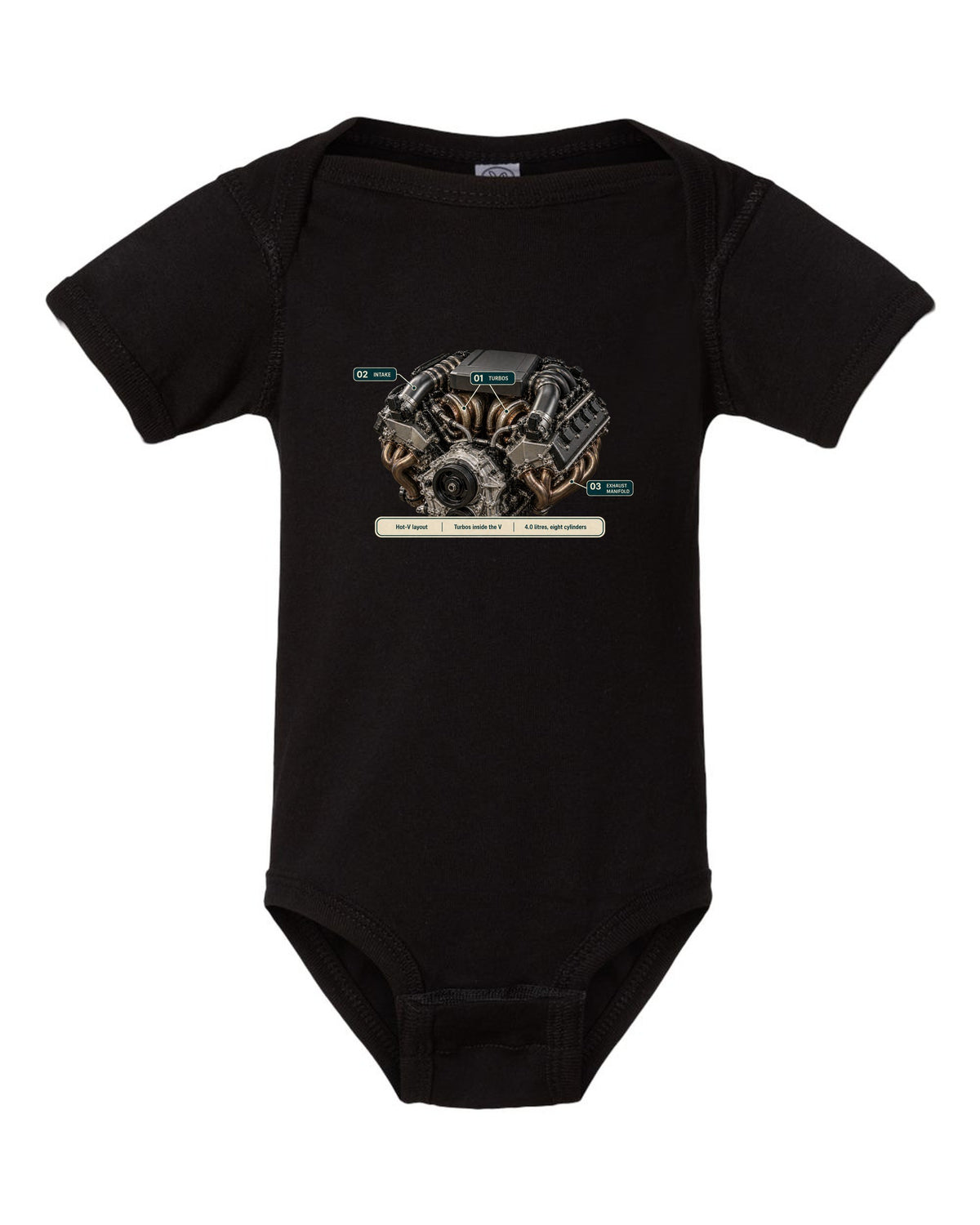 Engine hero print of the Mercedes-AMG M177 4.0 V8 from the G63 black baby onesie front view with the design