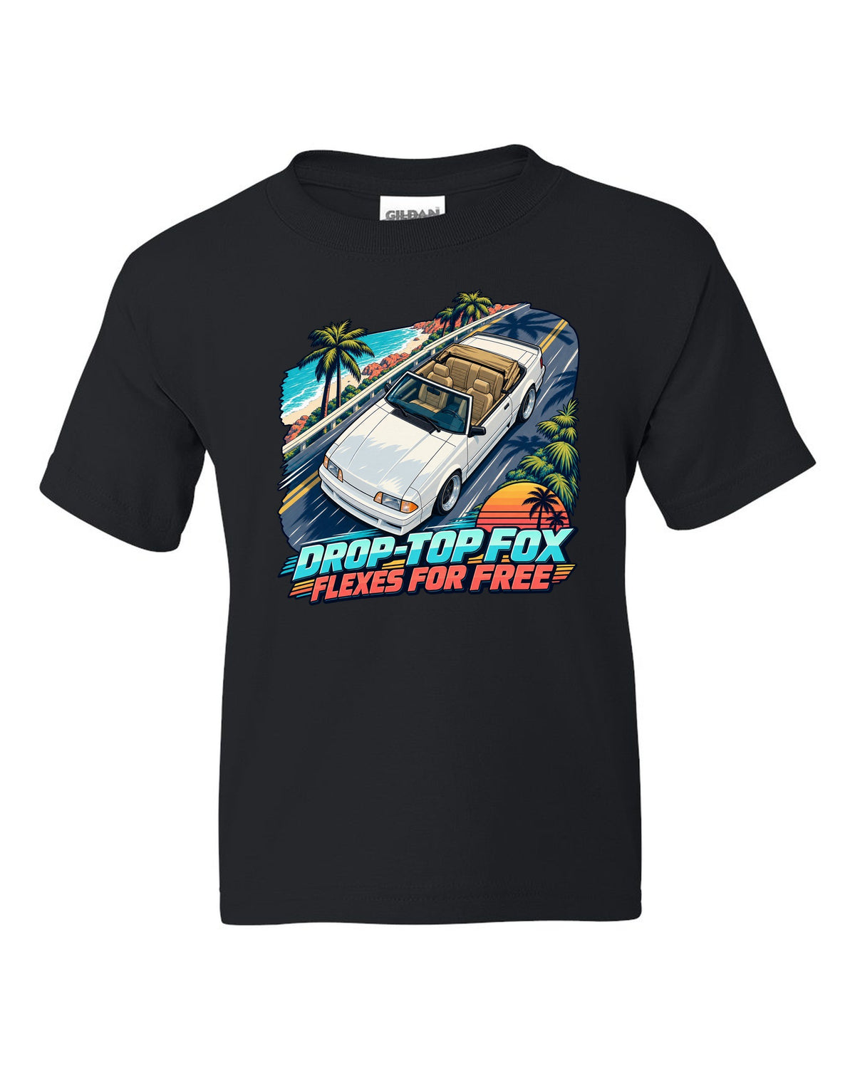 Cel-shaded anime print of a Ford Mustang Fox Body convertible seen from above black kids tee front view with the design