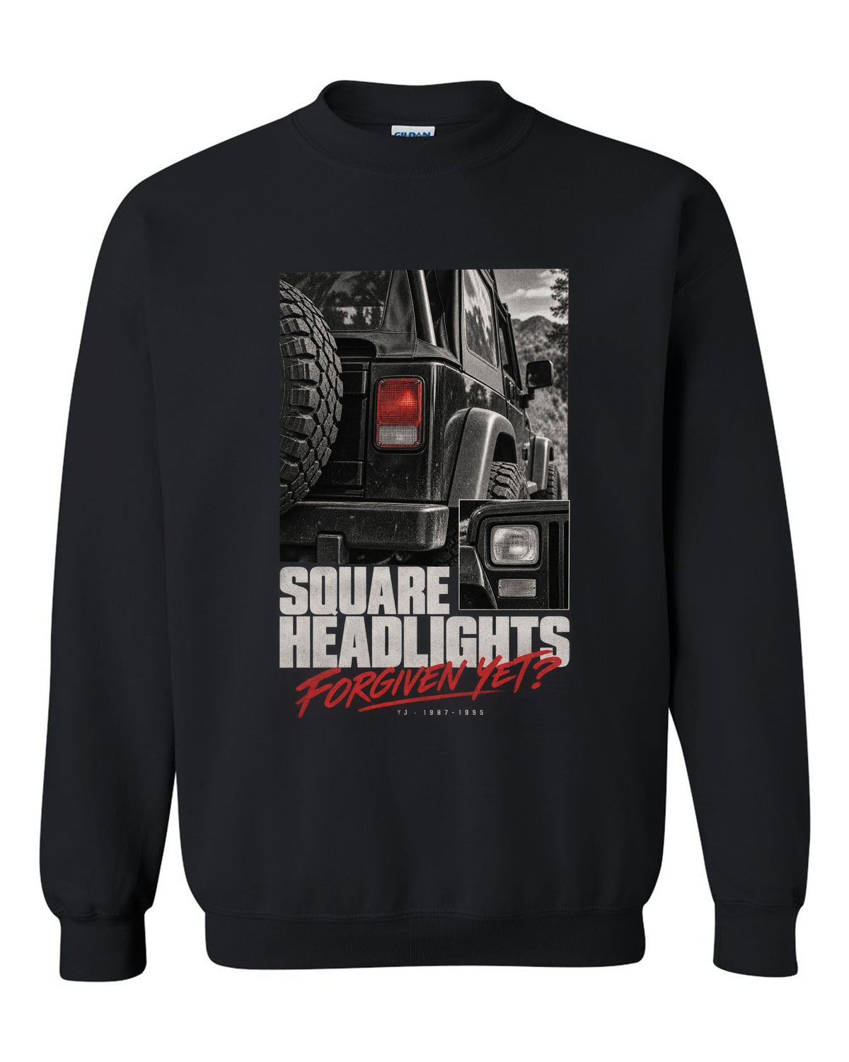 Detail macro print for the Jeep Wrangler YJ square headlights, 1987-1995 black crewneck front view with the design