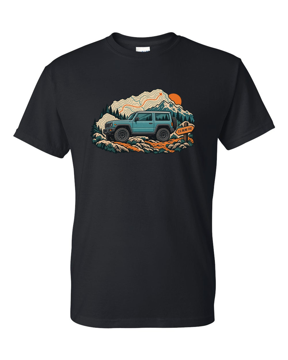 Topographic trail map print of a 2006-10 Hummer H3 with 3.5L inline five lettering black t-shirt front view with the design