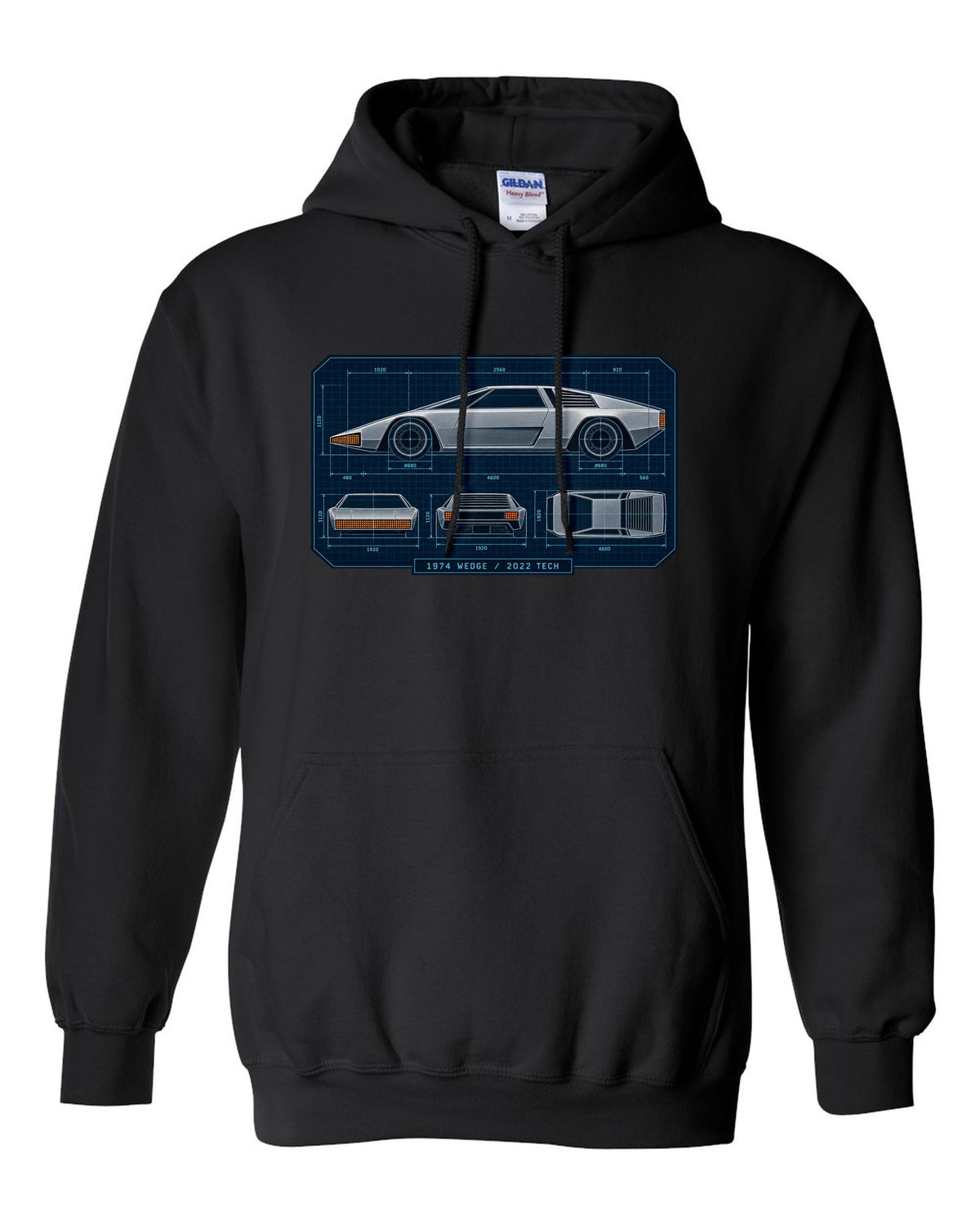 Technical orthographic blueprint print of the Hyundai N Vision 74 concept with 1974 wedge 2022 tech text black pull over hoodie front view with the design