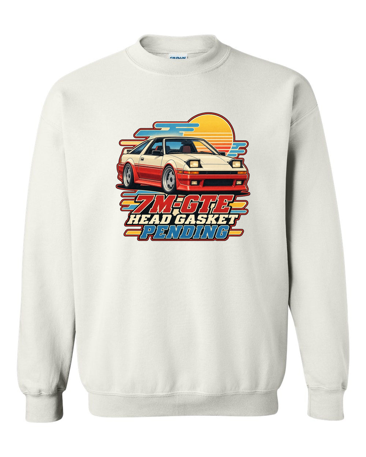 Toyota Supra A70 with pop-up headlights half open in a retro Showa brochure illustration white crewneck front view with the design