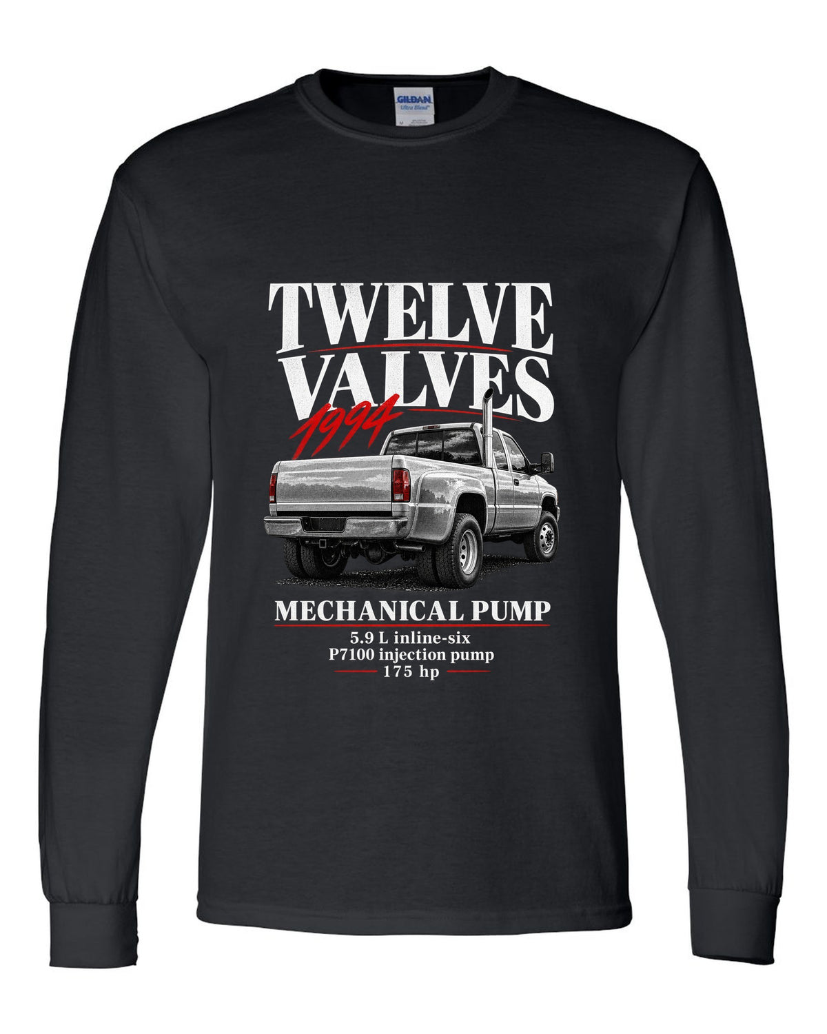 Editorial print of a 1994-98 Dodge Ram 2500 2nd gen 12-valve in a rear three-quarter view black long sleeve front view with the design