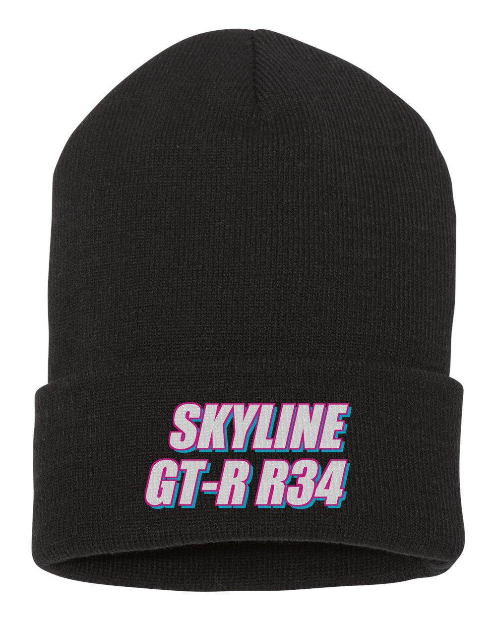 Skyline Gt-R R34 black beanie front view with car name
