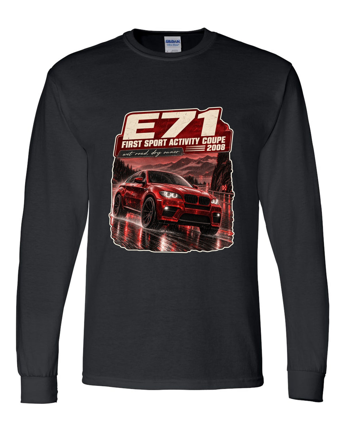 BMW X6 M E71 night street touge print on a tee black long sleeve front view with the design