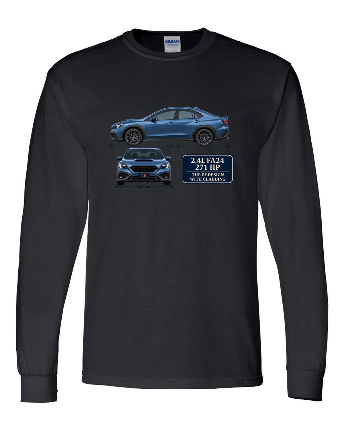 Subaru WRX VB sedan in rally blue-grey with editorial headline black long sleeve front view with the design