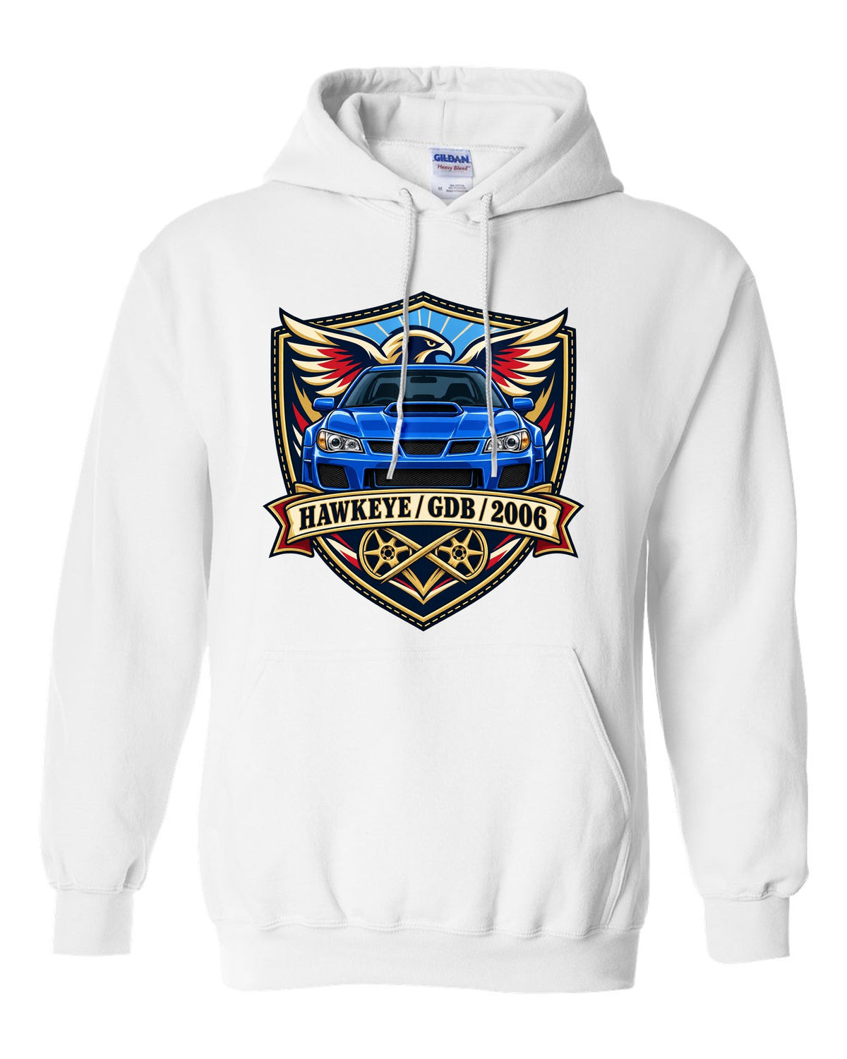 Subaru Impreza WRX STI GDB Hawkeye varsity crest print reading HAWKEYE / GDB / 2006 white pull over hoodie front view with the design
