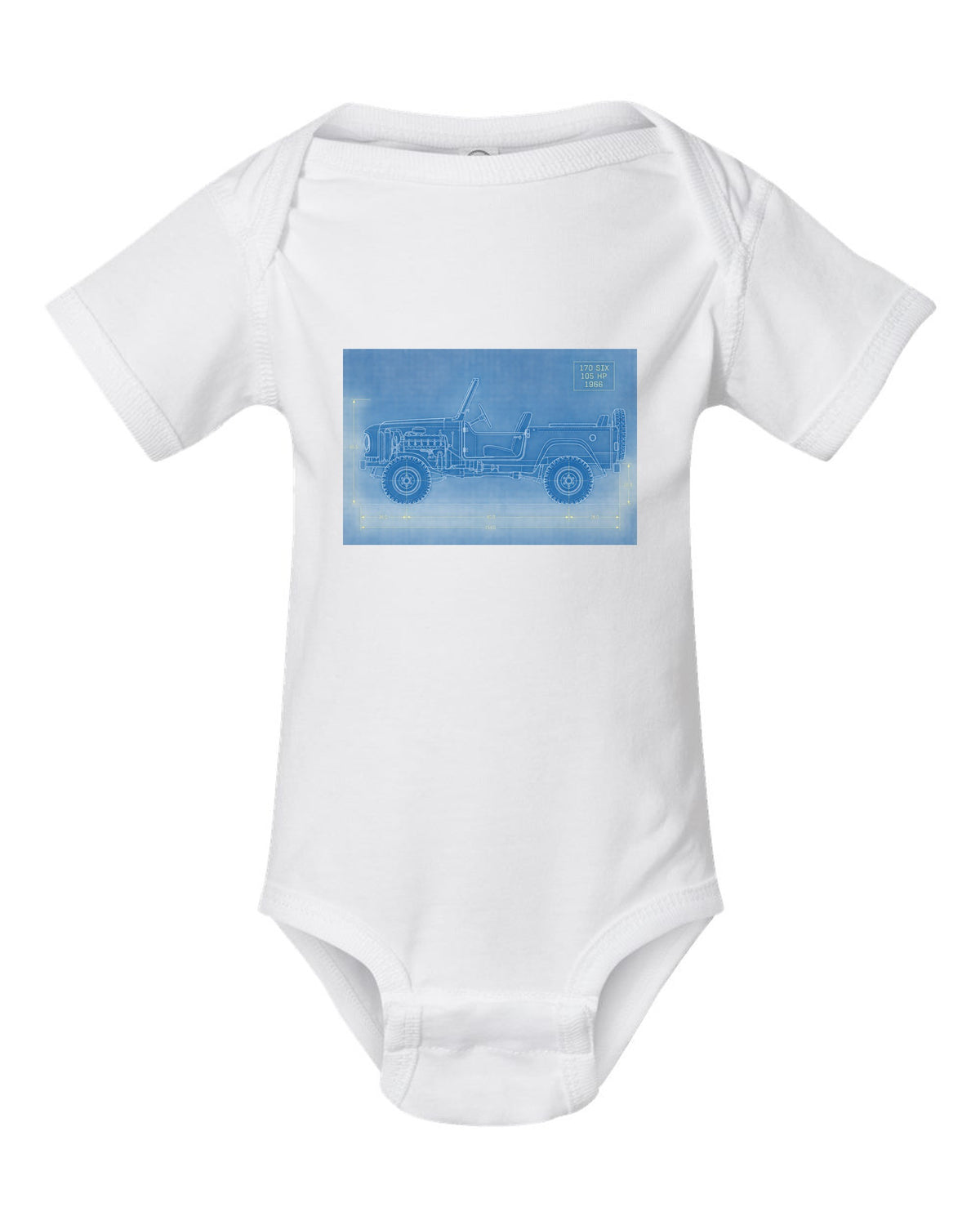 Blueprint-style line art of a 1966 Ford Bronco U13 roadster at a trailhead with 170 SIX 105 HP notes white baby onesie front view with the design