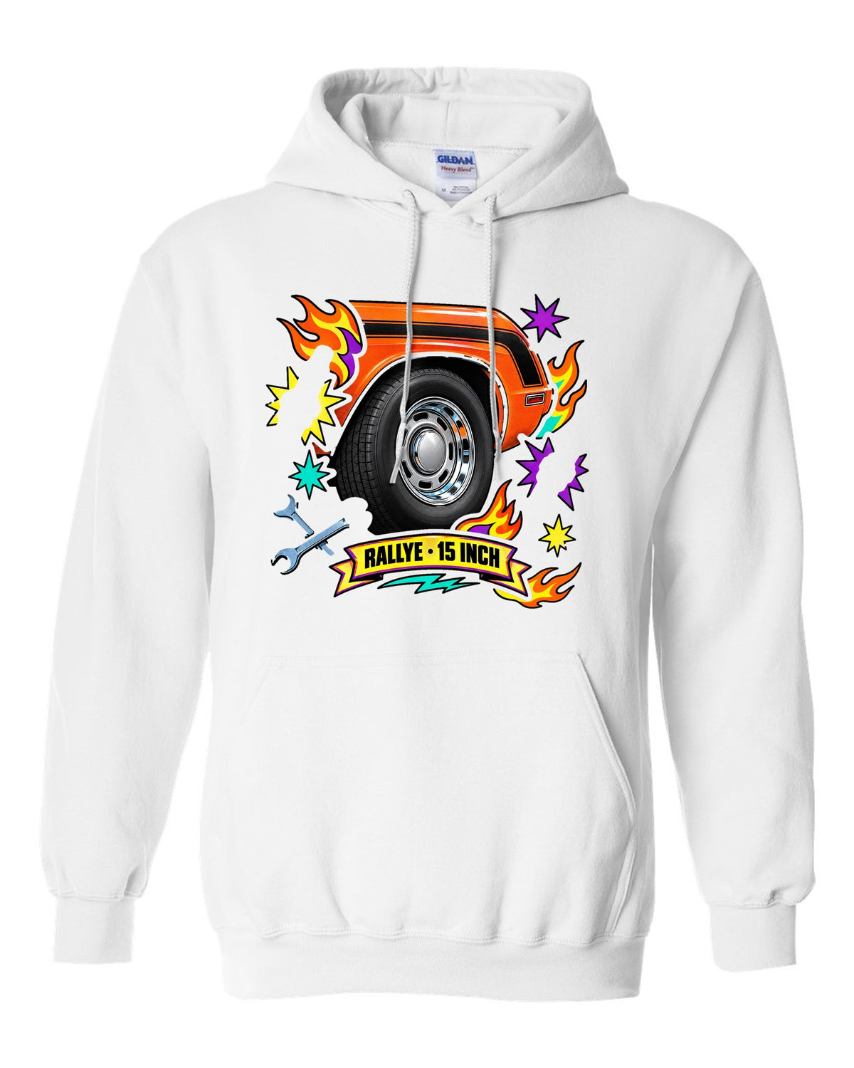 Sticker-bomb collage print of a 1970 Dodge Challenger R/T with Rallye wheel text white pull over hoodie front view with the design