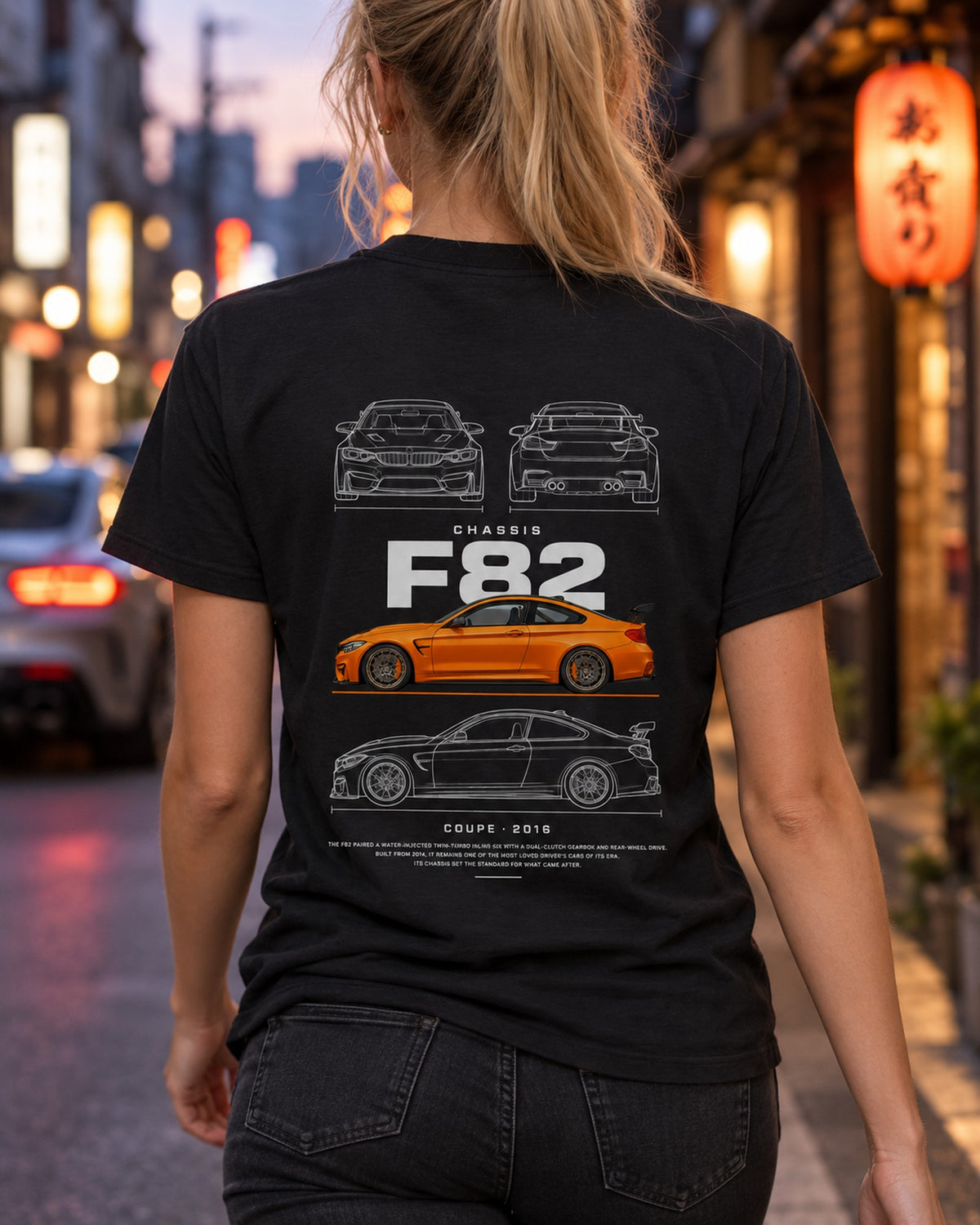 BMW F82 M4 GTS coupe Blueprint Full-Back Graphic Tee, F82 Chassis Code T-Shirt Black worn hero