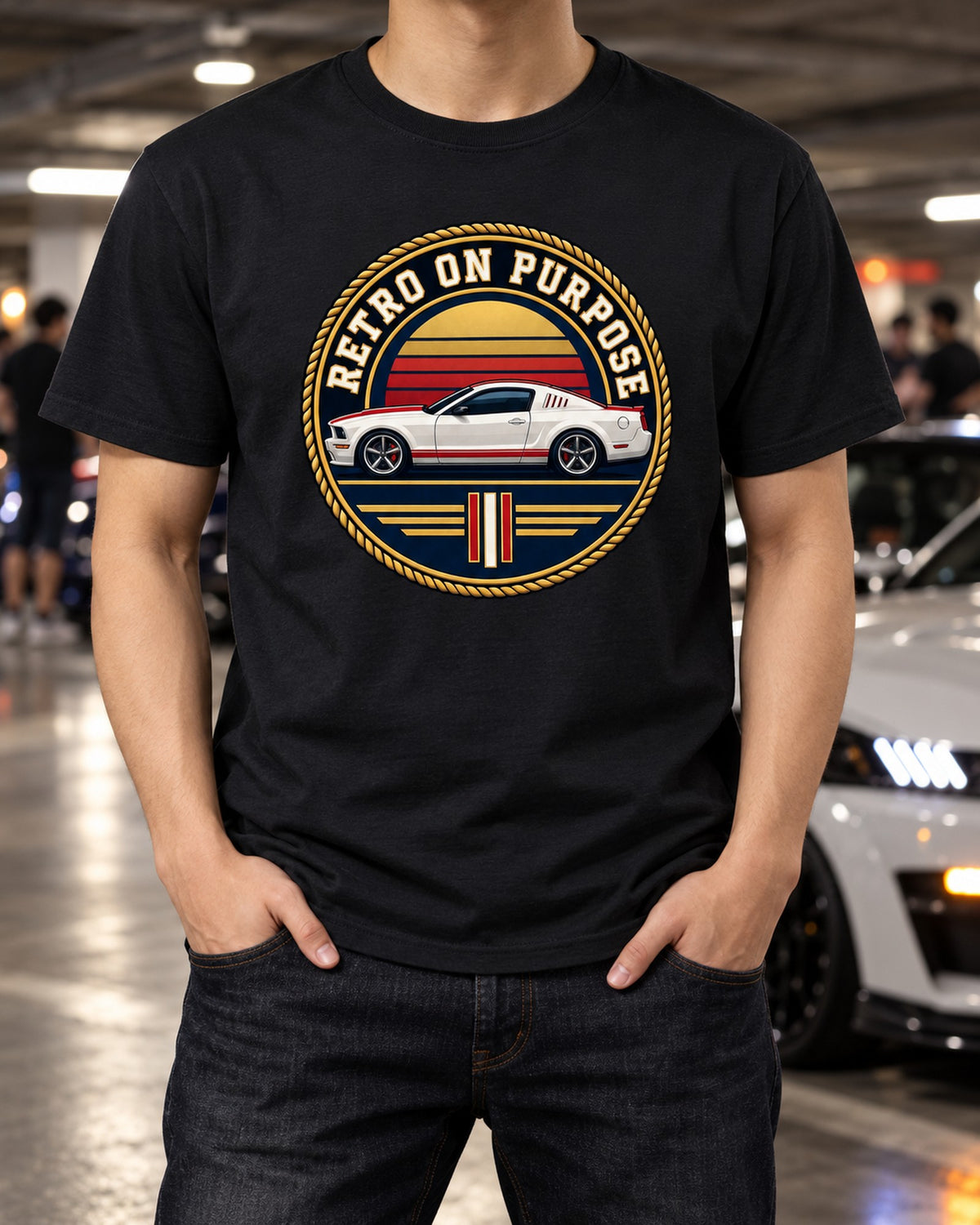 S197 Mustang Fastback Varsity Crest Shirt, Retro On Purpose T-Shirt Black worn hero