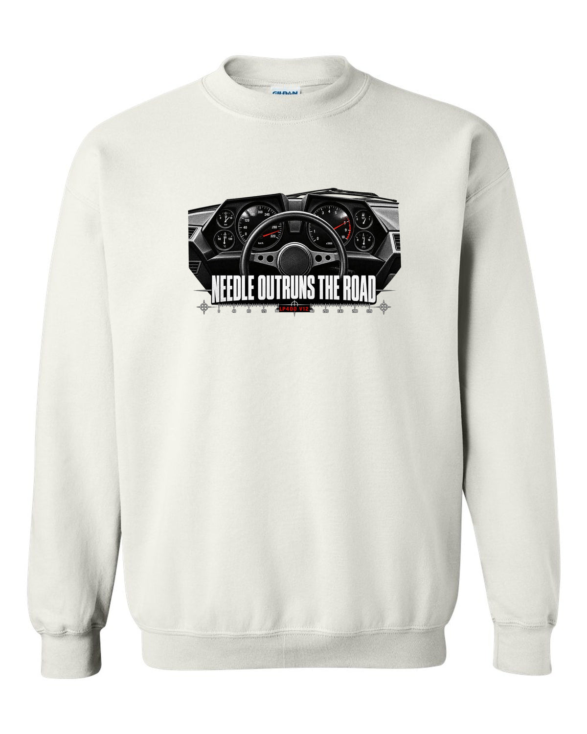 Cockpit gauge print of a Lamborghini Countach LP400 interior with needle outruns the road text white crewneck front view with the design