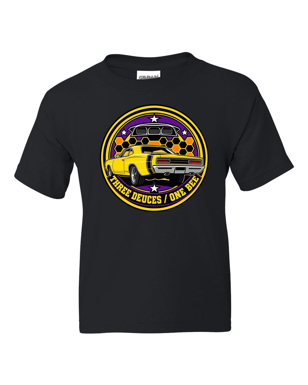 Round crest design for the 1969 Dodge Coronet Super Bee reading three deuces one bee black kids tee front view with the design