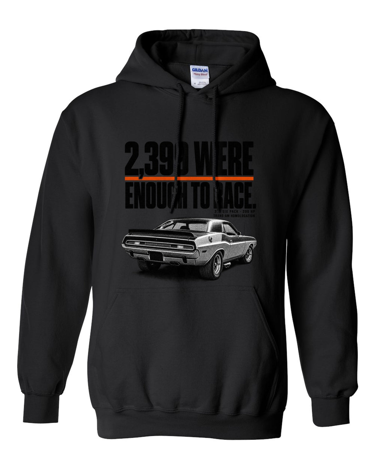 1970 Dodge Challenger T/A halftone print with 2,399 built and 340 Six Pack lettering black pull over hoodie front view with the design