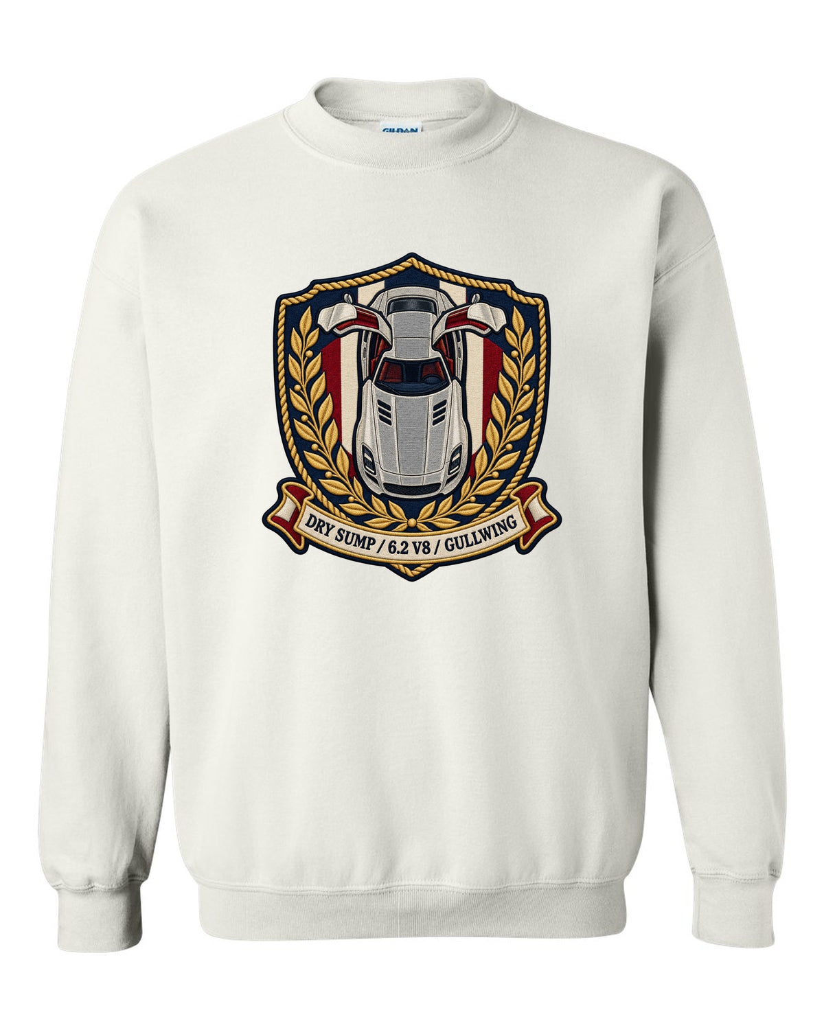 Embroidery style shield crest showing an overhead Mercedes SLS AMG C197 with gullwing doors open white crewneck front view with the design