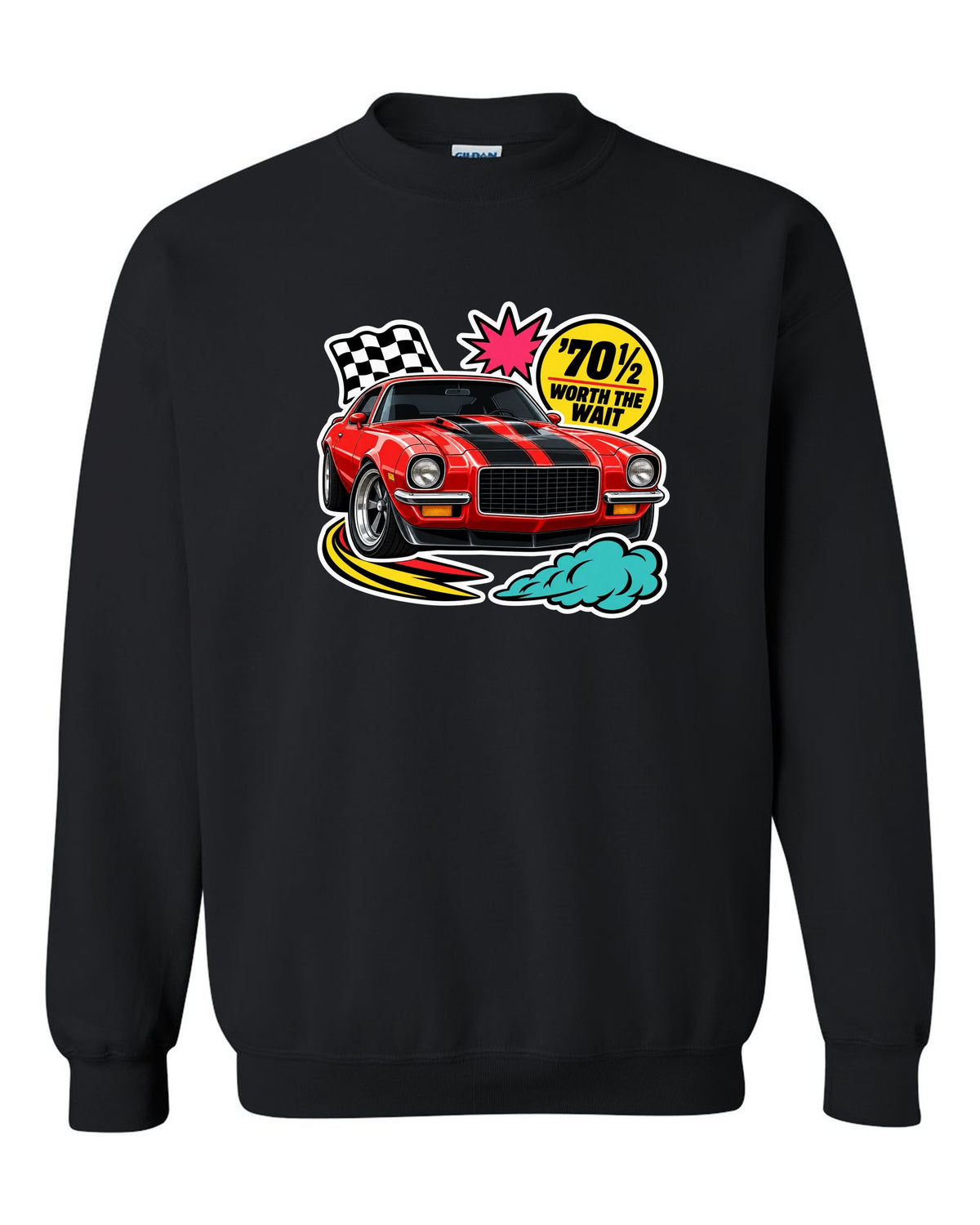 Sticker-bomb collage with die-cut edges of a 1970 Chevrolet Camaro Z28 black crewneck front view with the design
