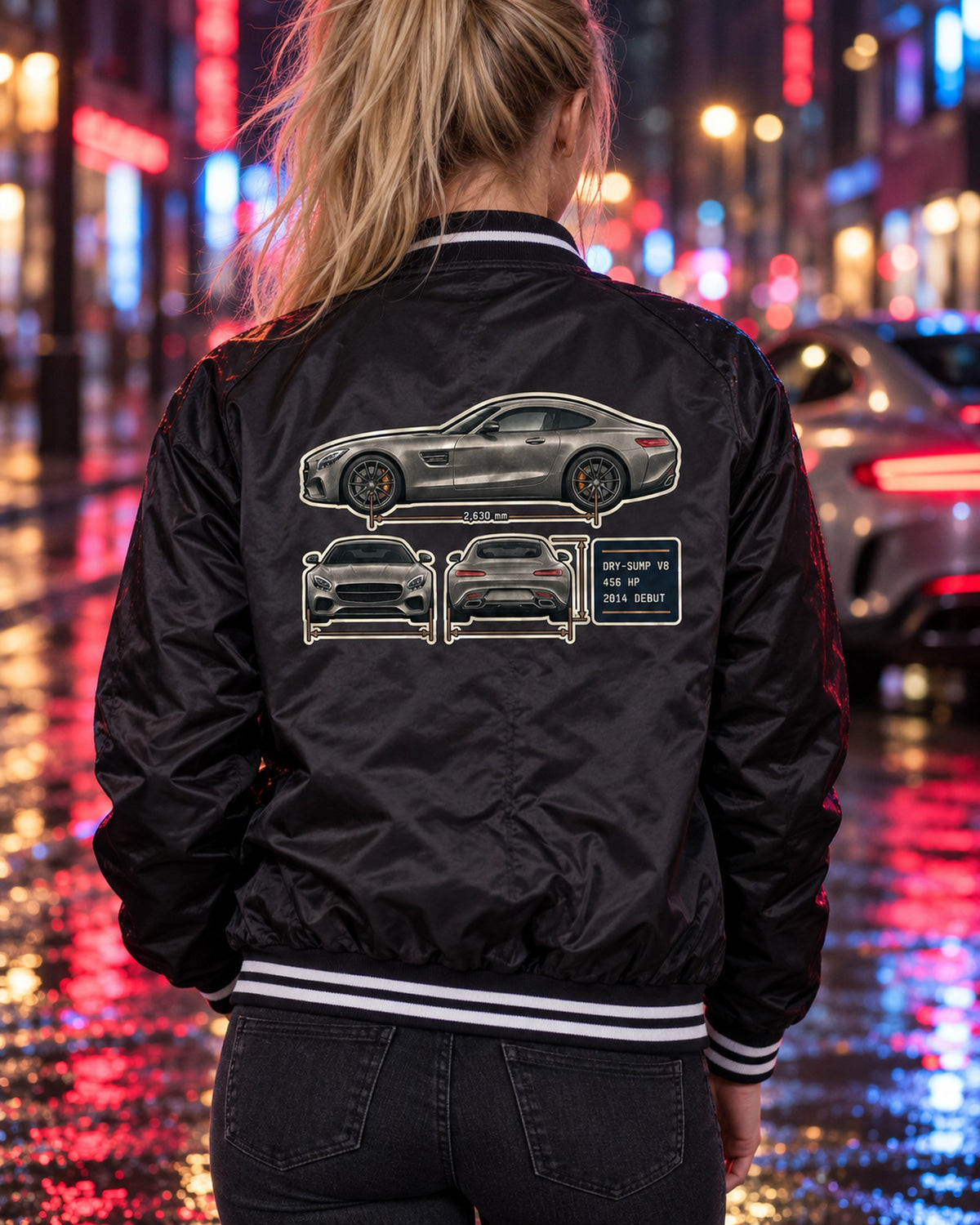 Mercedes-AMG GT C190 Three-View Spec Table Tee, 2014 Debut Bomber Jacket Black worn hero