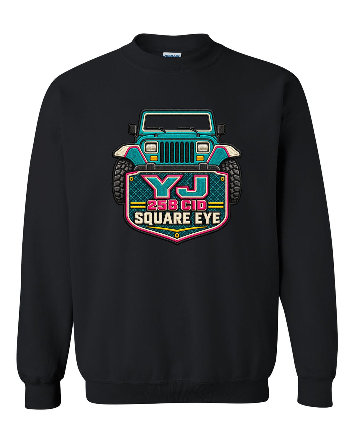 Embroidery-style varsity crest print of a Jeep Wrangler YJ with square eye text black crewneck front view with the design