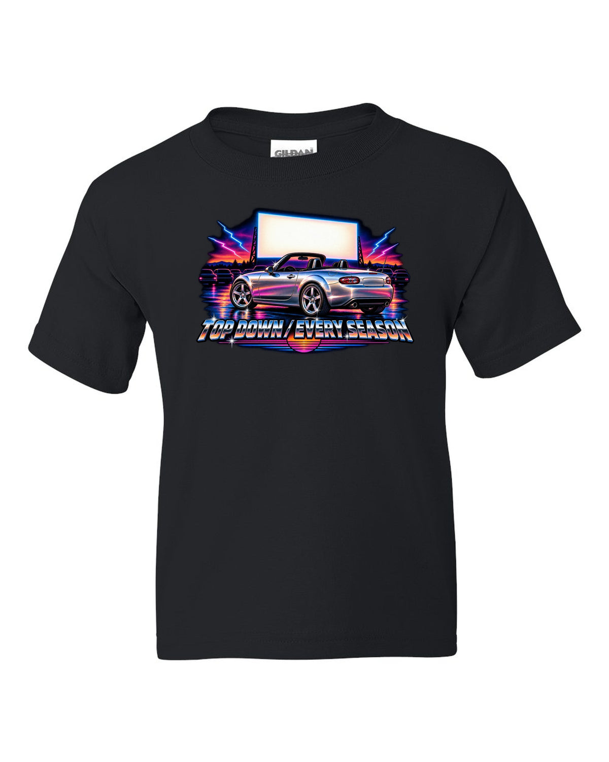 Eighties airbrush chrome print of a Mazda MX-5 NC with the text Top Down Every Season black kids tee front view with the design