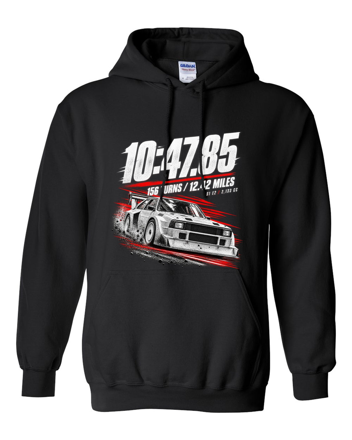 Race poster print of an Audi Sport Quattro S1 E2 with hill climb numbers black pull over hoodie front view with the design