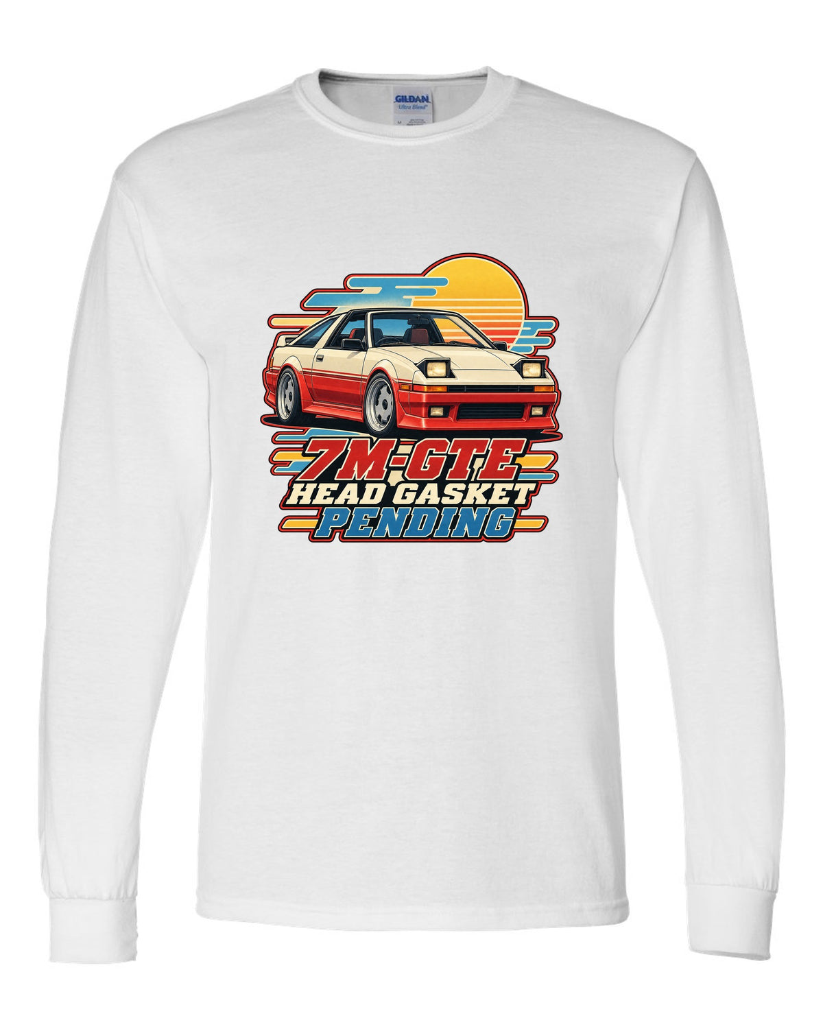 Toyota Supra A70 with pop-up headlights half open in a retro Showa brochure illustration white long sleeve front view with the design