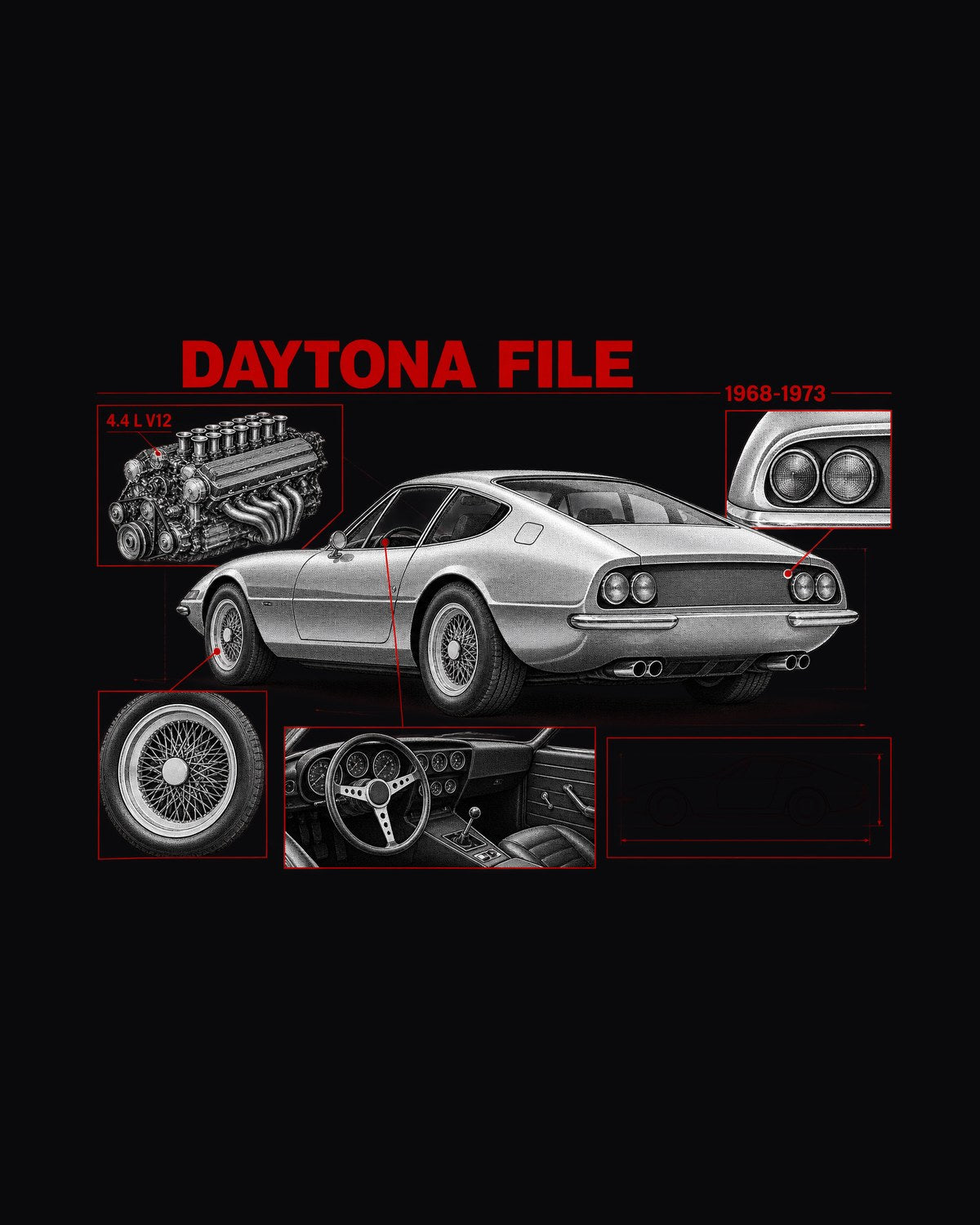 Ferrari 365 GTB/4 Daytona Six Weber Carbs V12 Engine Tee design only