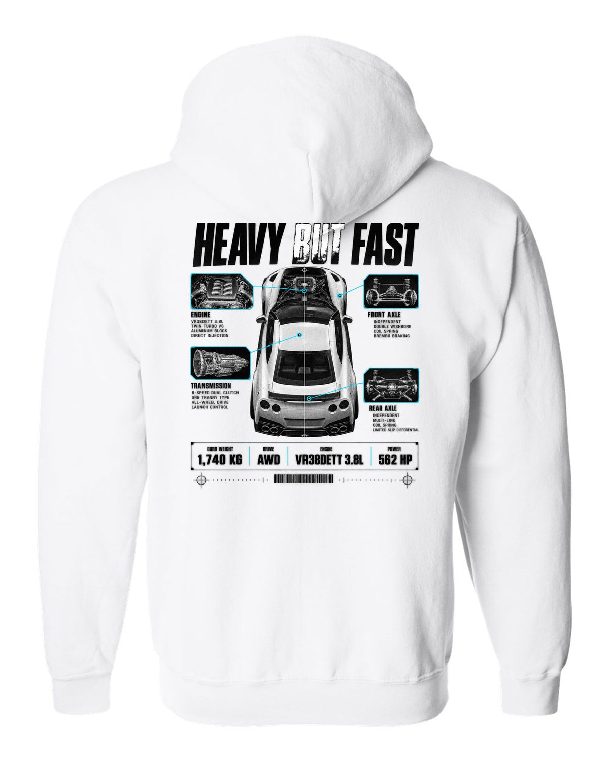 Top-down and profile spec poster of a Nissan GT-R R35 with 1,740 kg curb weight and VR38DETT lettering white zip hoodie back view with the design