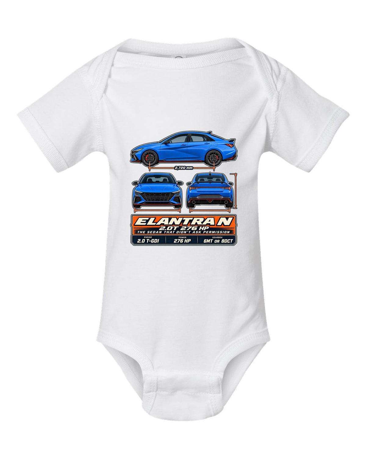 Hyundai Elantra N CN7 three-view drawing with spec table, print white baby onesie front view with the design