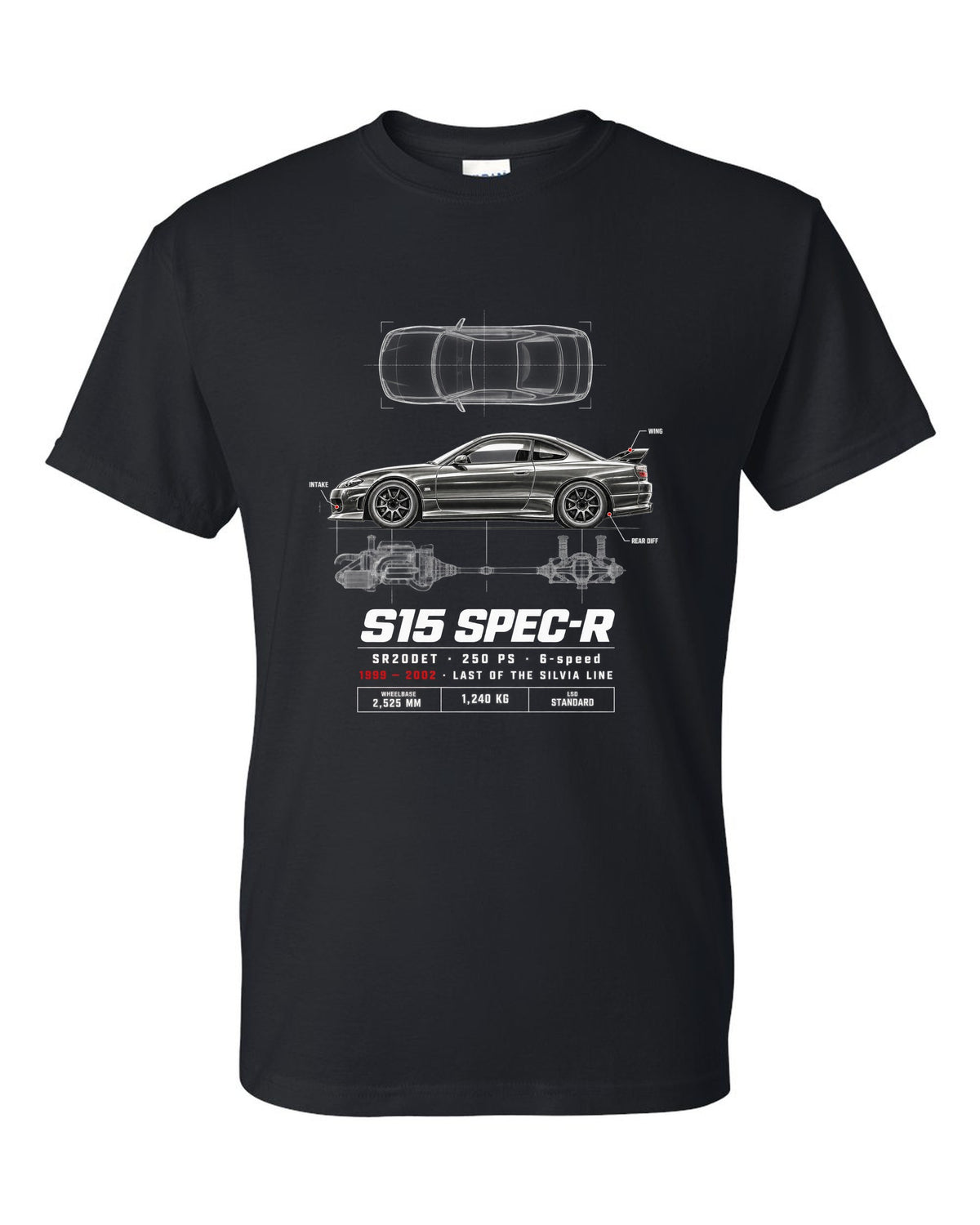 Spec poster print of a Nissan Silvia S15 Spec-R top-down profile with SR20DET data black t-shirt front view with the design