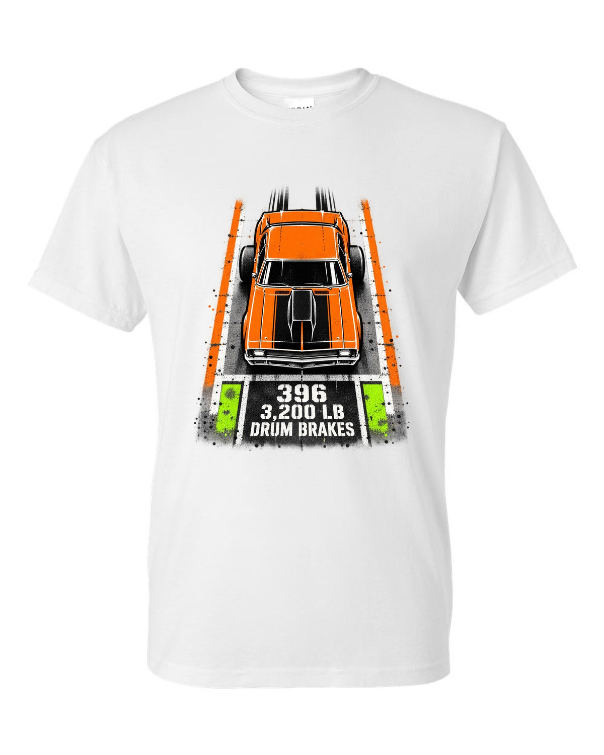 Stencil spray street art print of a 1970 Chevrolet Nova SS 396 with the text 396, 3,200 LB, Drum Brakes white t-shirt front view with the design