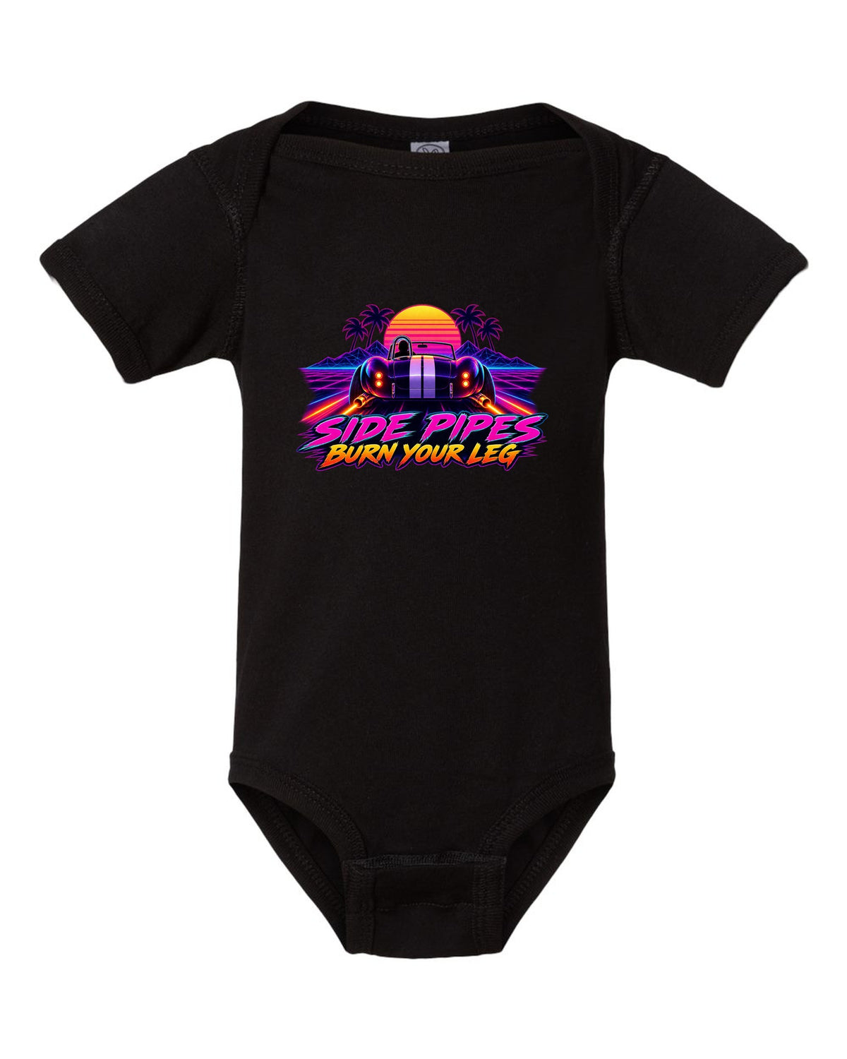 Shelby Cobra 427 Side Pipes Synthwave Outrun black baby onesie front view with the design