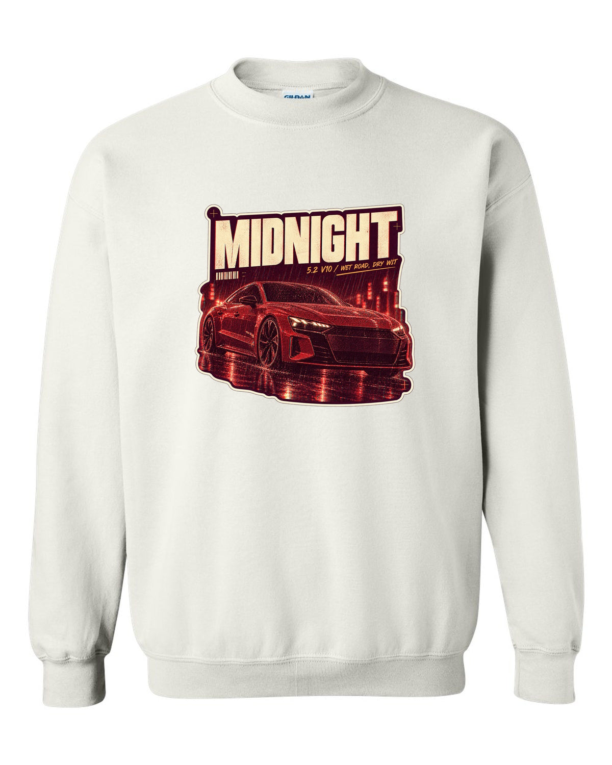 Audi R8 V10 performance on a wet night street print design white crewneck front view with the design