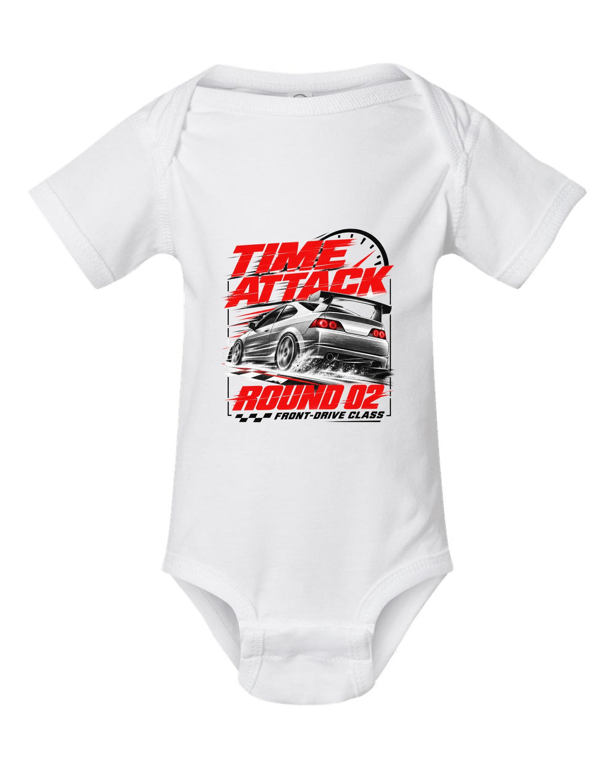 Honda Integra DC5 Type R race poster design for time attack round 02 front-drive class white baby onesie front view with the design
