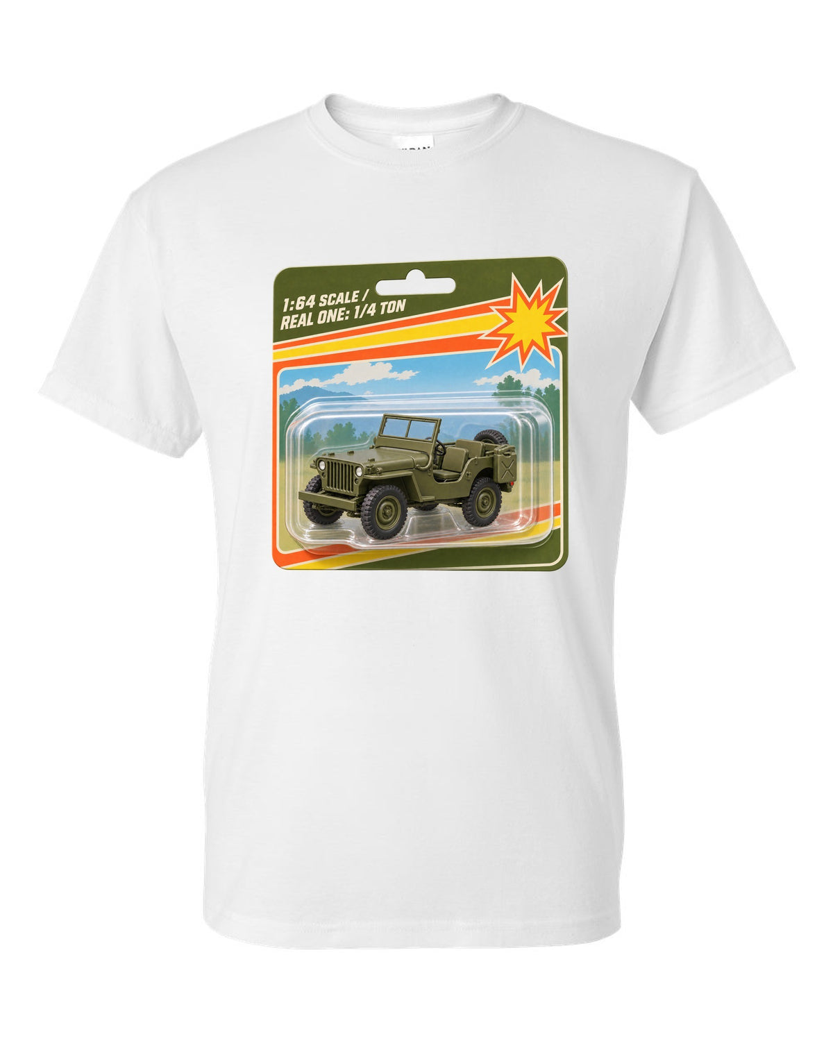 Toy blister card style print of a Willys MB with 1:64 scale text white t-shirt front view with the design
