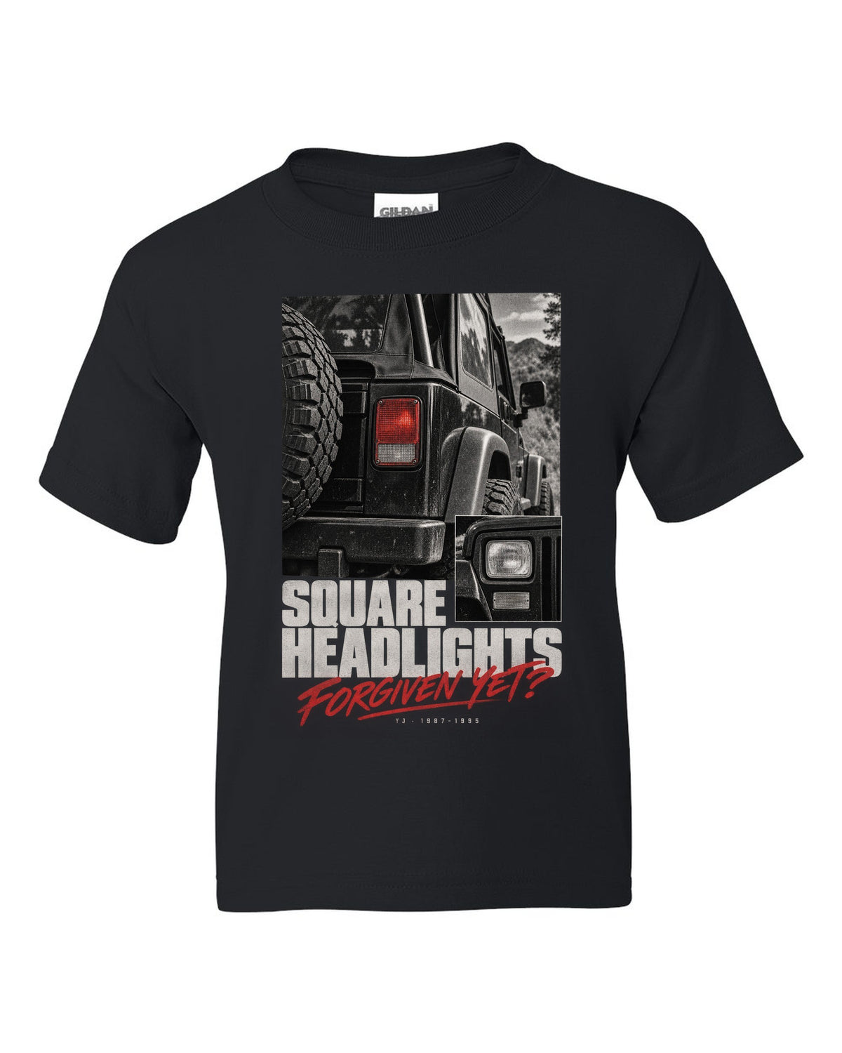 Detail macro print for the Jeep Wrangler YJ square headlights, 1987-1995 black kids tee front view with the design