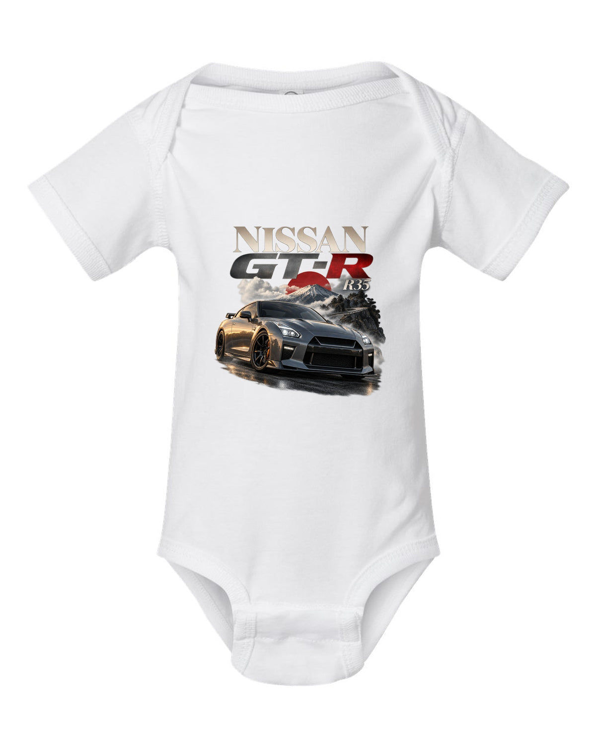 Nissan GT-R R35 2017 facelift in blue on a spec poster layout white baby onesie front view with the design