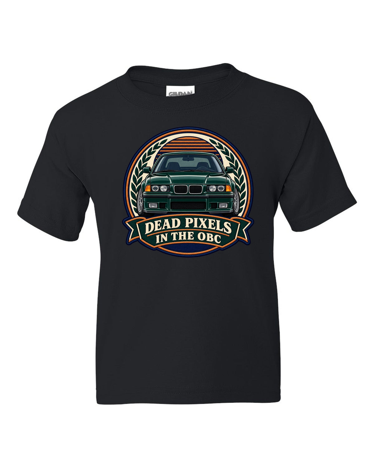 Varsity crest style print of a BMW E36 M3 coupe with dead pixels in the OBC text black kids tee front view with the design