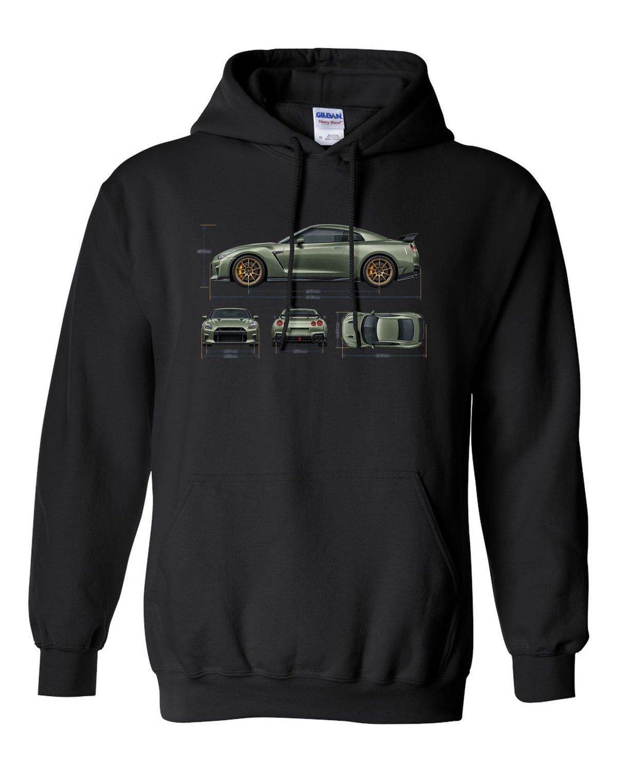 Nissan GT-R R35 rear three-quarter in red halftone showing four round taillights black pull over hoodie front view with the design