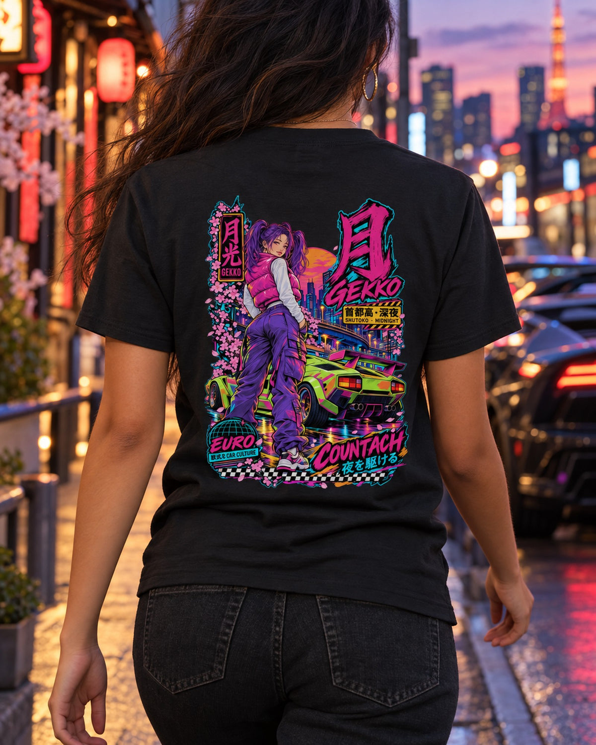 GEKKO COUNTACH Anime Girl Full-Back Graphic Tee T-Shirt Black worn hero
