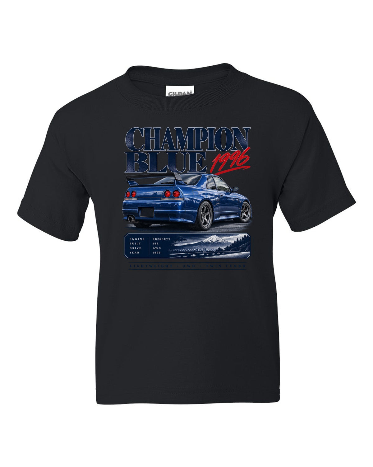 Archive panel of a Nissan Skyline GT-R R33 LM Limited in Champion Blue with 1996 and 188 made lettering black kids tee front view with the design