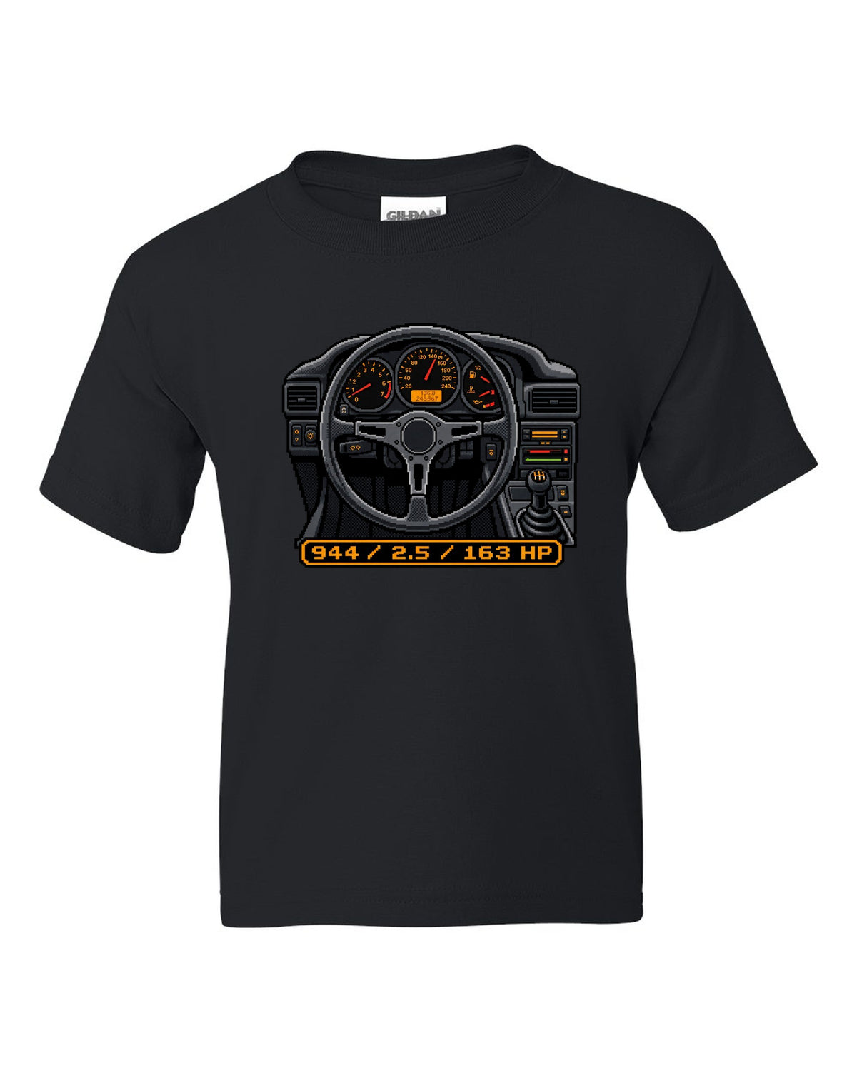 Dot-matrix pixel art of a Porsche 944 styled like a digital dash display black kids tee front view with the design