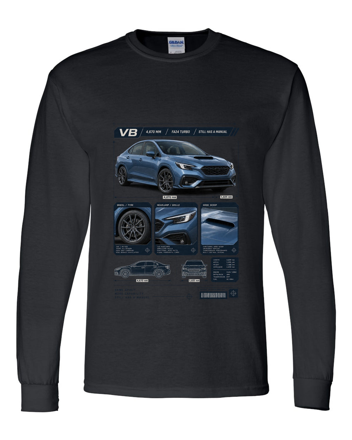 Dossier-style panel layout of a Subaru WRX VB sedan with GT and TR detail panels black long sleeve front view with the design