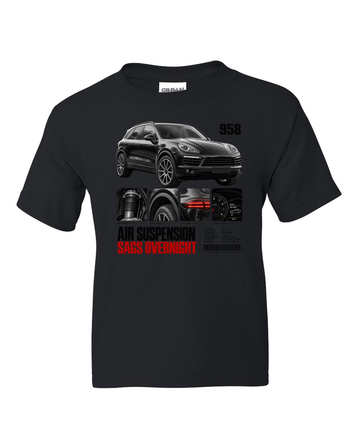 Dossier panel print of a Porsche Cayenne 958 with air suspension sags overnight caption black kids tee front view with the design