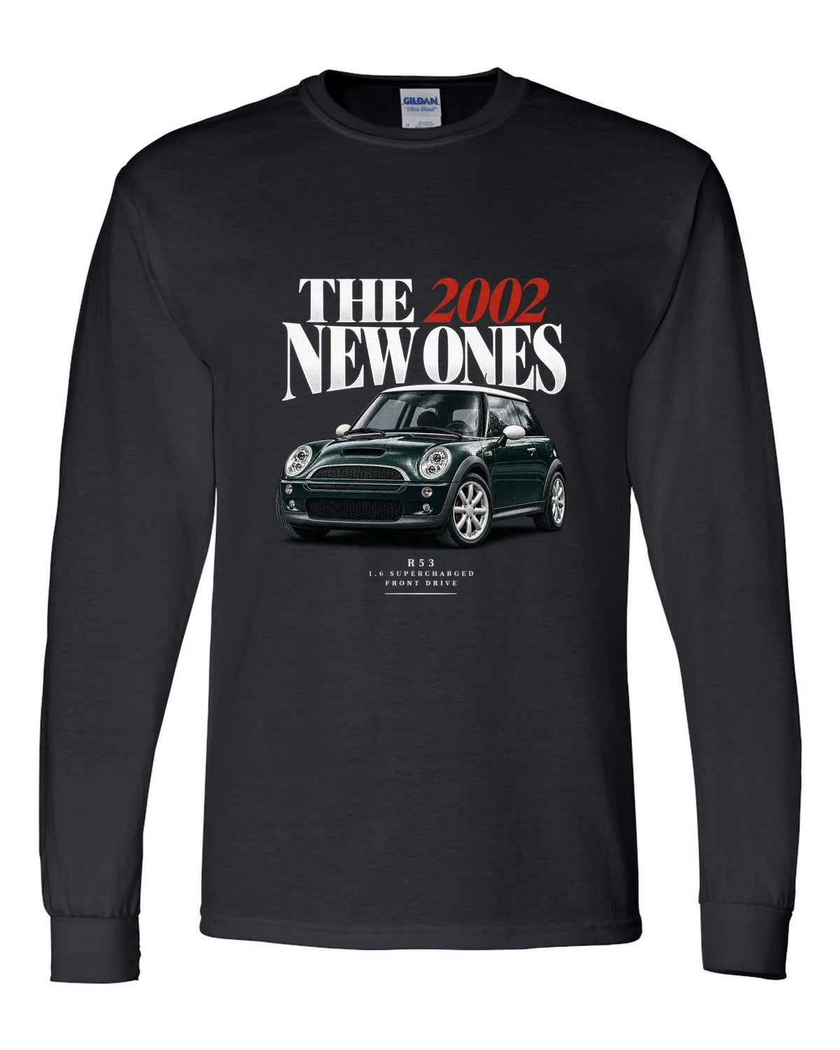 Mini Cooper S R53 dark green with white roof editorial headline print black long sleeve front view with the design