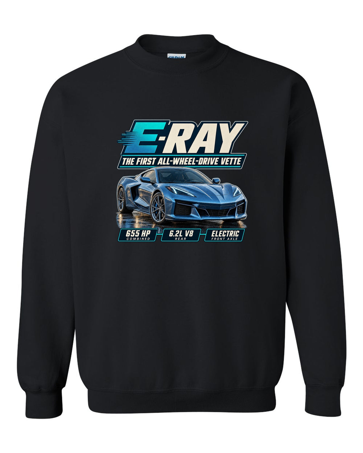Editorial headline print of a Chevrolet Corvette C8 E-Ray, the first all-wheel-drive Vette black crewneck front view with the design