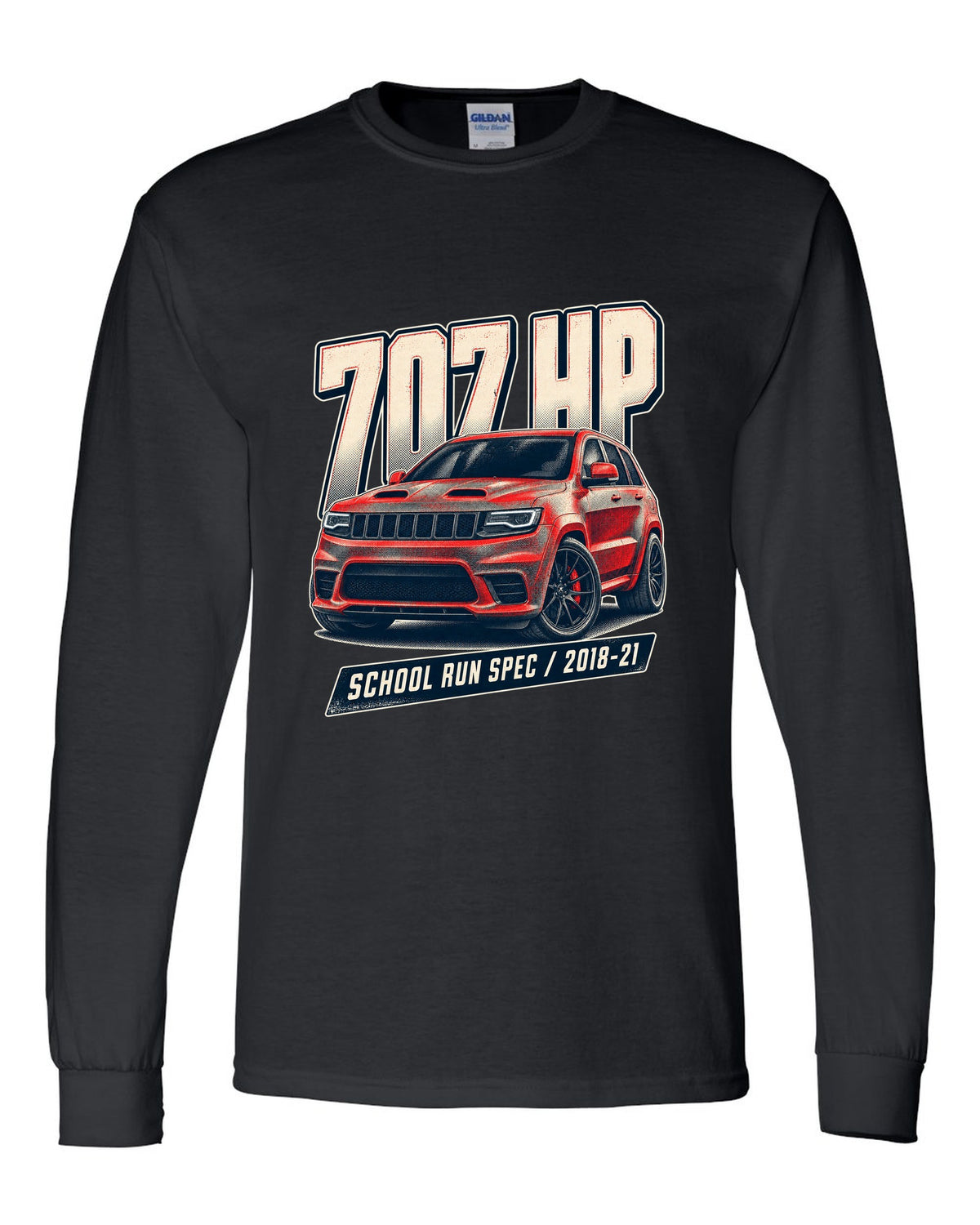 Halftone print of the Jeep Grand Cherokee Trackhawk WK2 with 707 HP lettering black long sleeve front view with the design