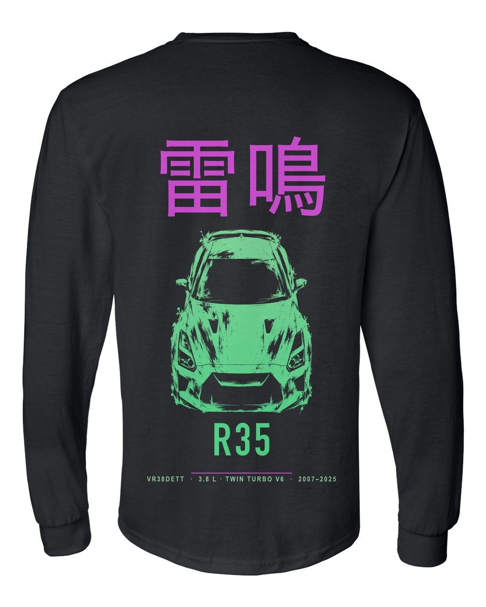 R35 full-back artwork black long sleeve back view with the design