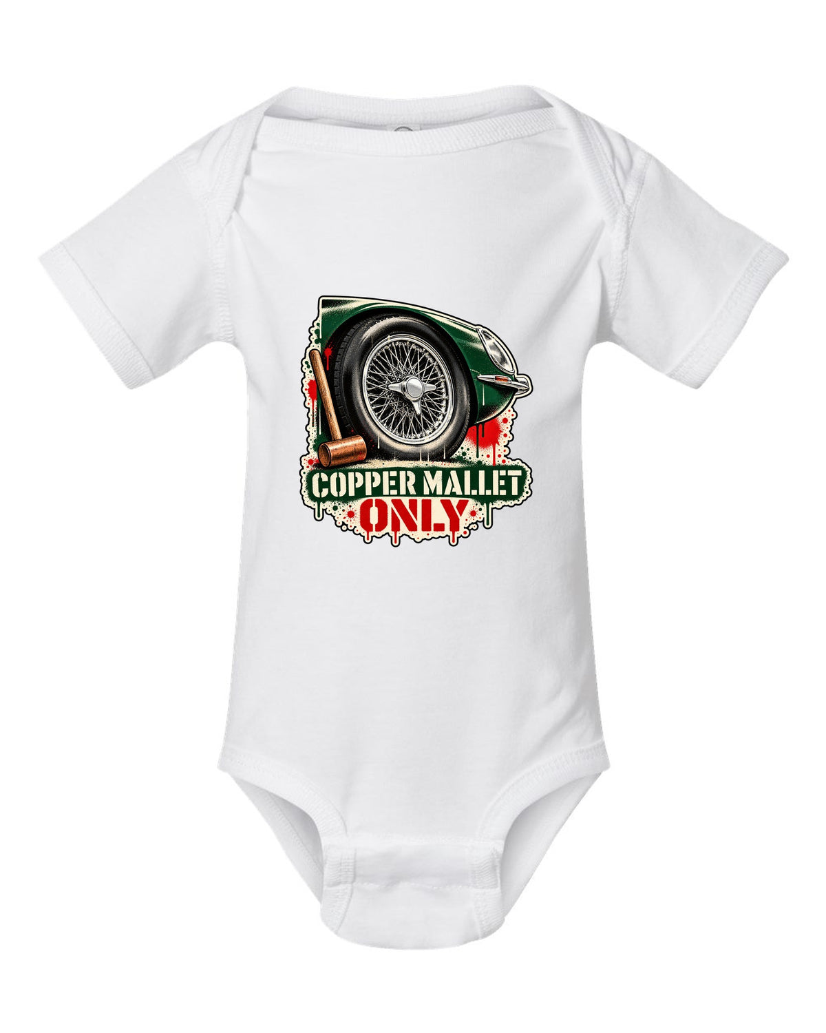 Spray stencil street art print of a Jaguar E-Type Series 1 wire wheel with copper mallet lettering white baby onesie front view with the design