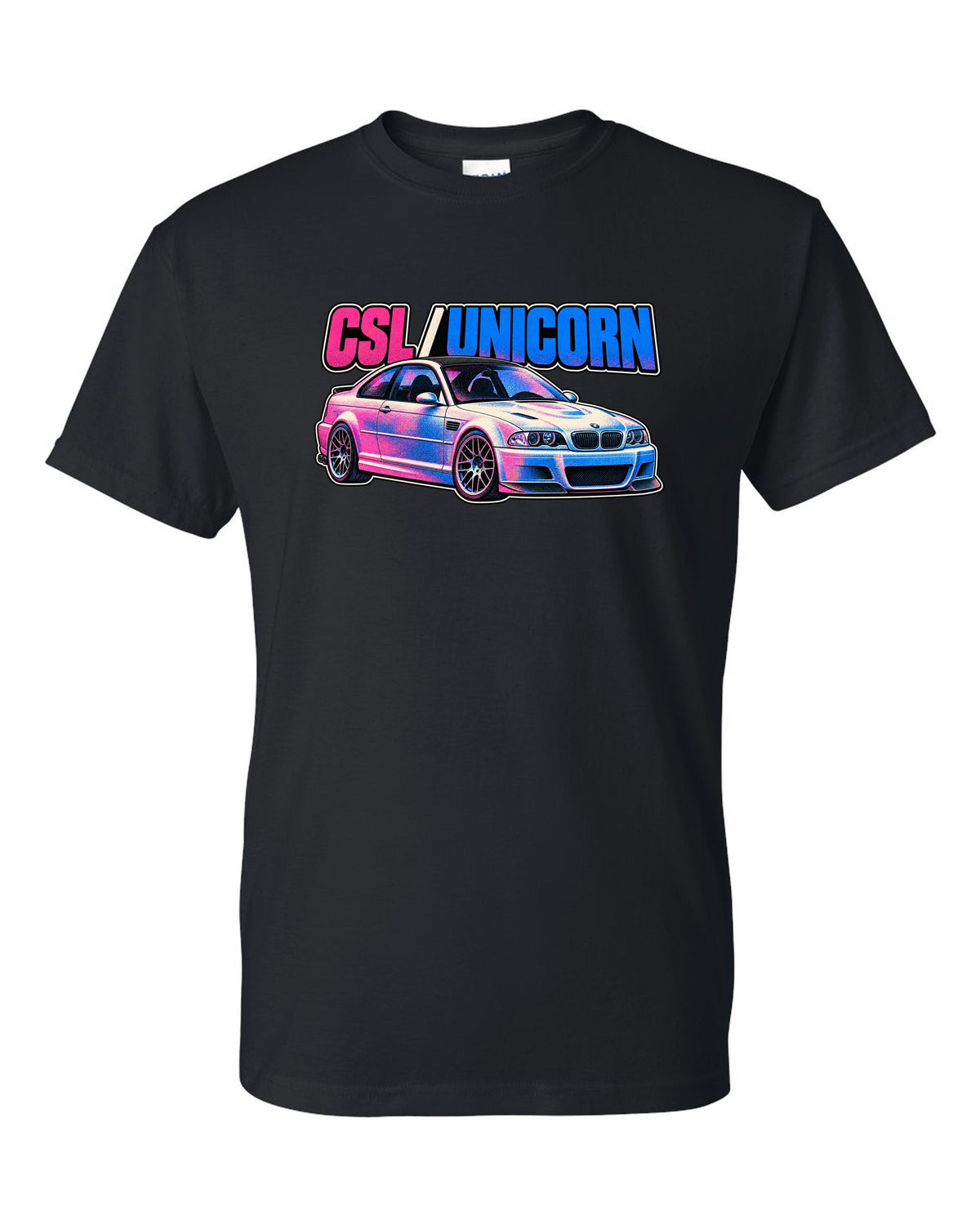 Risograph spot colour print of a BMW E46 M3 CSL with CSL Unicorn text black t-shirt front view with the design
