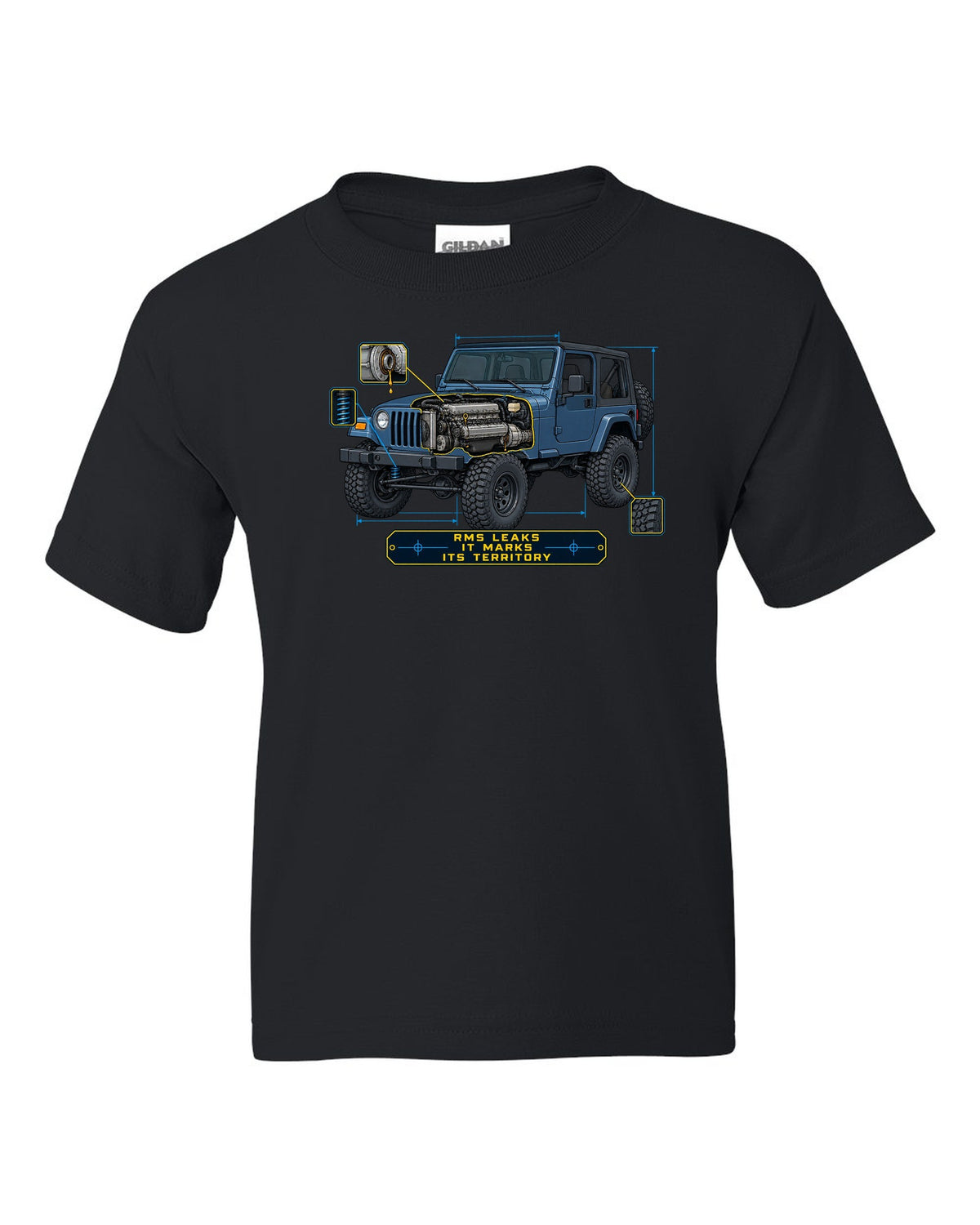 Blueprint style engine cutaway of a Jeep Wrangler TJ with RMS LEAKS IT MARKS ITS TERRITORY lettering black kids tee front view with the design